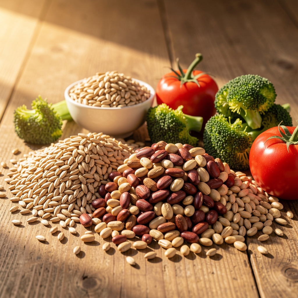 Assorted whole grains, legumes, and fresh vegetables spread across a wooden surface in warm morning light