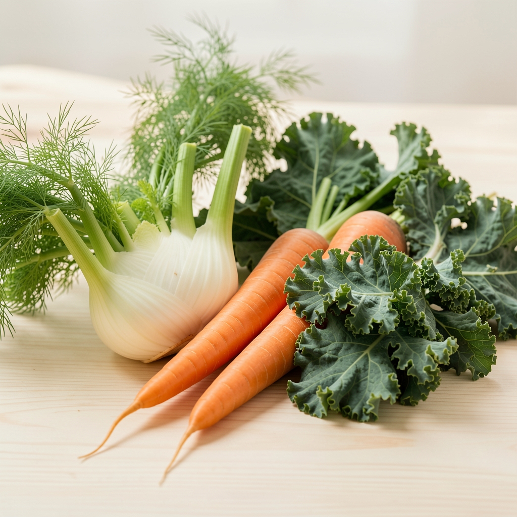 Assorted fresh vegetables including fennel, carrots, and kale displayed on a pale wooden surface with soft natural light