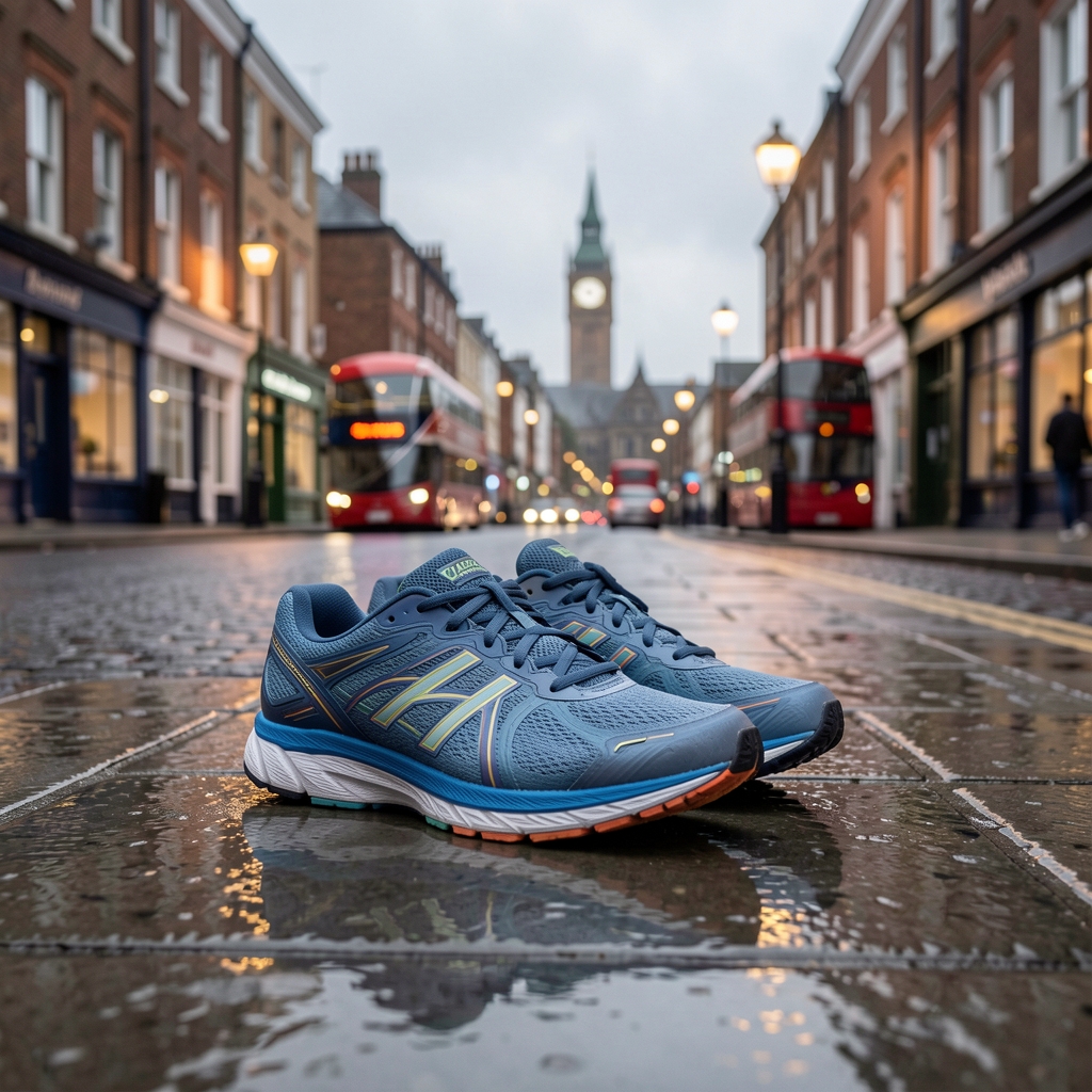Running shoes on a wet London pavement at dawn, soft overcast light, street level perspective